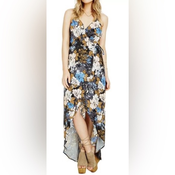 ASTR The Label Dress Women's Size Medium Blue Pink Tan Floral Surplice Midi Wrap - Picture 13 of 13